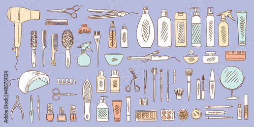 Colorful sketches collection of tools for manicure, pedicure, hair care, facial cosmetics on  a blue background. Icons for a beauty salon and nails art. Vintage design elements, hand-drawn, vector. 