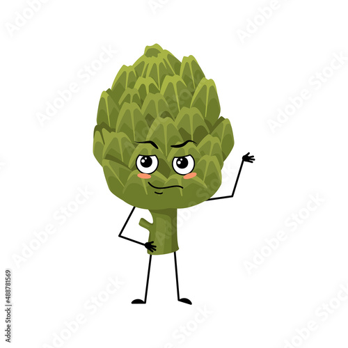 Artichoke character with emotions of hero, brave face, arms and leg. Person with courage expression, green vegetable emoticon. Vector flat illustration