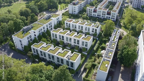 Aerial drone flight over modern houses in Dresden Saxony Germany