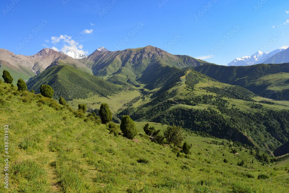 landscape of green mountains with blue sky and clouds in spring in central asia kyrgyzstan