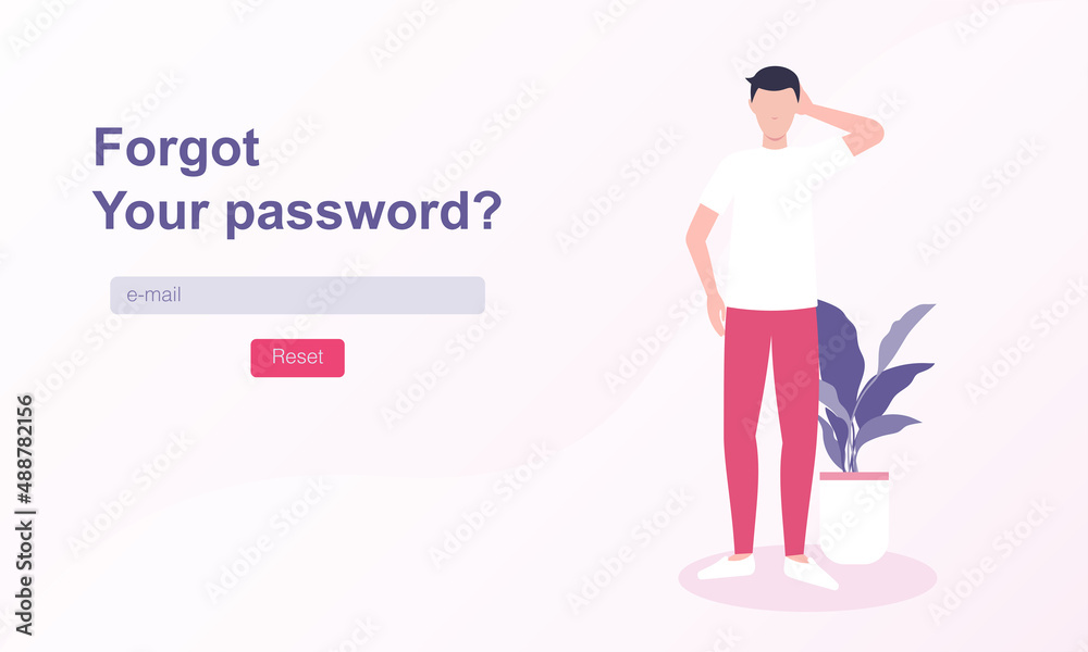 Lose password. Vector template for Web banner. Confused man on light gradient background with reset field Lose password. Vector template for Web banner. Confused man on light gradient background with reset field