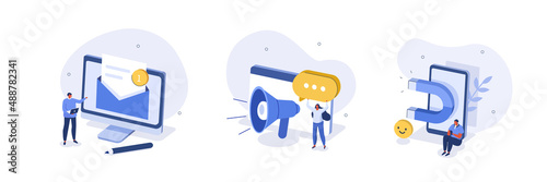 Digital marketing illustration set. Characters integrating with audience on social media platform, sending advertising emails and using marketing strategy to increase followers. Vector illustration.
