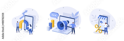 Digital marketing illustration set. Characters integrating with audience on social media platform, offering discount and using marketing strategy to increase followers. Vector illustration.