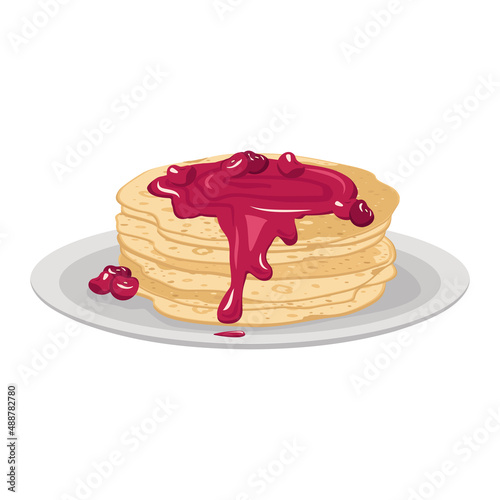 Thin pancakes on plate with sweet cherry jam. Festive dish for Maslenitsa, carnival and Shrovetide. Delicious pastries. Vector flat food illustration