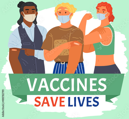 Stop coronavirus agitation concept. Vaccination promo, immunization of workers. Vaccine saves lives. People wearing protective mask showing their arm with bandage after receiving covid-19 vaccine