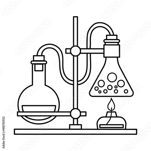 Flasks with liquid. Chemistry lesson. Test tubes. Coloring book. Black and white vector illustration.