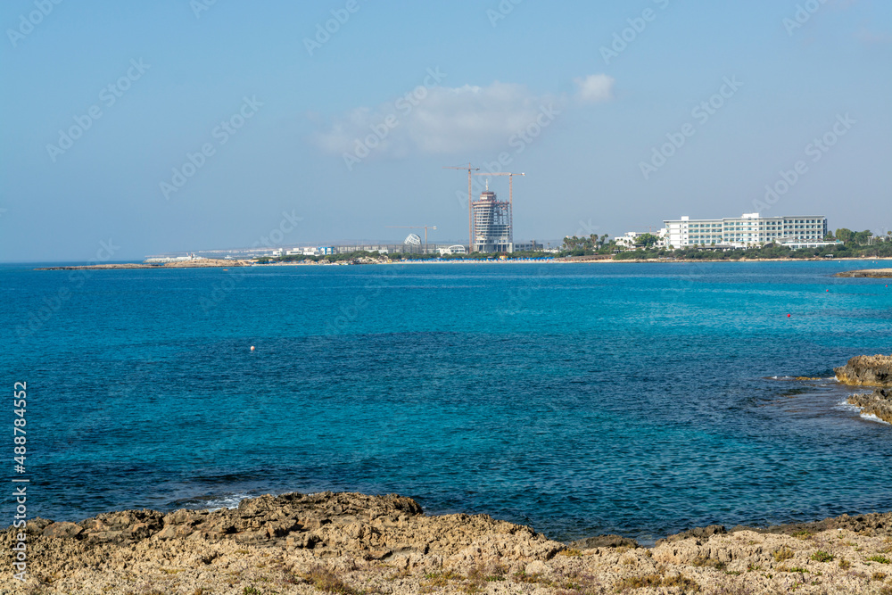 Crystal clear blue water of Mediterranean sea on Nissi beach in Ayia Napa, Cyprus