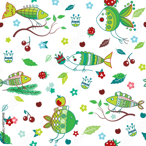 Wallpaper Mural A vector seamless pattern with cute funny colorful fish with bird legs sitting on trees branches. Hand-drawn doodle illustration, perfect for textile and fabric for kids; for wallpapers, wrapping, scr Torontodigital.ca