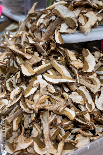 Dried white high quality porcini mushrooms on central market in Florence, Tuscany, Italy