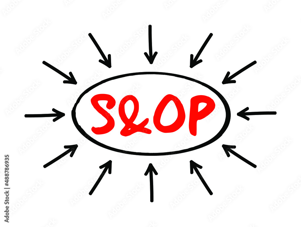 S and OP Sales and Operations Planning - monthly integrated business management process, acronym text with arrows S and OP Sales and Operations Planning - monthly integrated business management process, acronym text with arrows