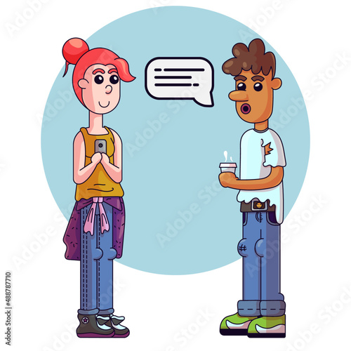 Um garoto tomando café enquanto conversa com uma garota que segura o celular.