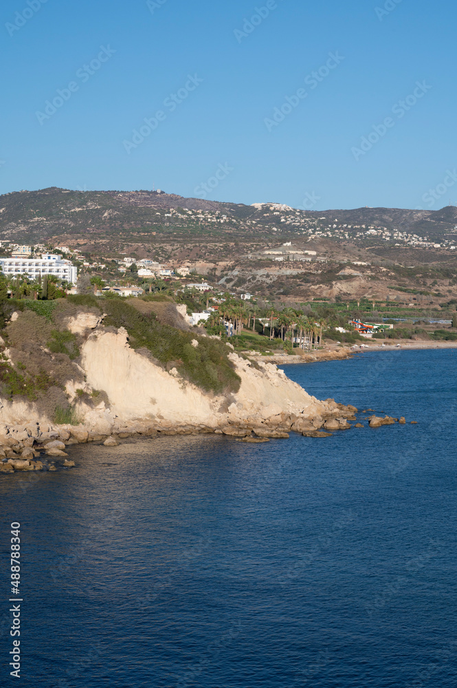 Aerial view on Coral bay in Peyia, Mediterranean sea near Paphos, Cyprus, Coral beach at morning