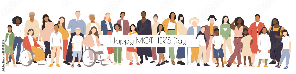 Happy Mother's Day card. Multicultural group of mothers with kids collection. Flat vector illustration. Happy Mother's Day card. Multicultural group of mothers with kids collection. Flat vector illustration.