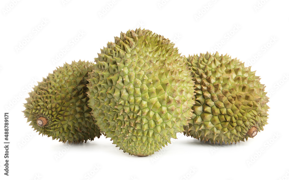 Whole ripe durian fruits on white background Whole ripe durian fruits on white background