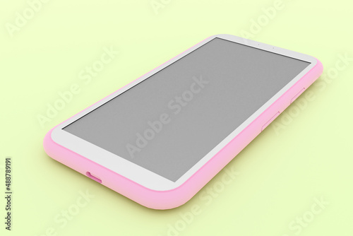 Abstract smartphone close-up. Means of communication. The phone is pink with white color lying on a yellow-green surface. 3D render.