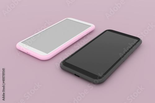 Abstract smartphones close-up. Communications. Two phones in pink and black lie on the pink surface. 3D render.