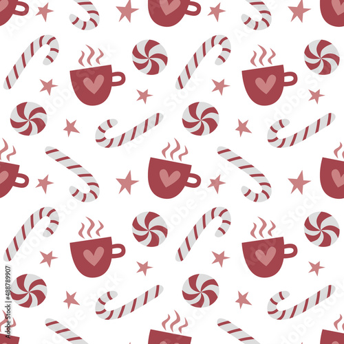 Seamless pattern with cups of coffee illustrations on white background. Winter mood. Home decorations isolated on white background.