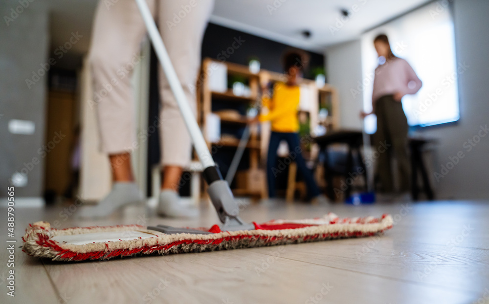 Housework and domestic chores at home. Mop cleaning floor
