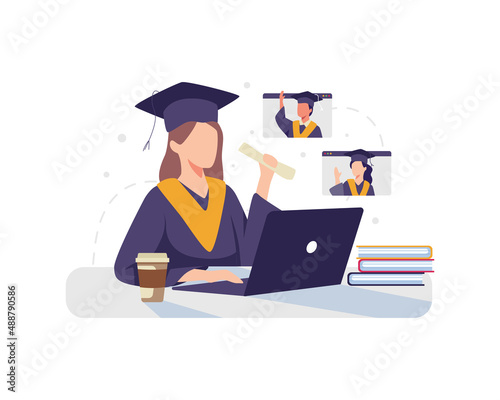 Online graduation concept illustration.  Student character in graduate cap with laptop
