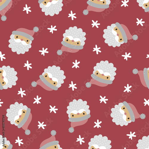 Vector Christmas seamless pattern with Santa Claus faces and stars. Vintage holiday repeated texture with cartoon character.
