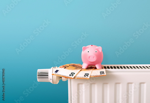energy and heating costs, piggy bank on radiator and money bank notes