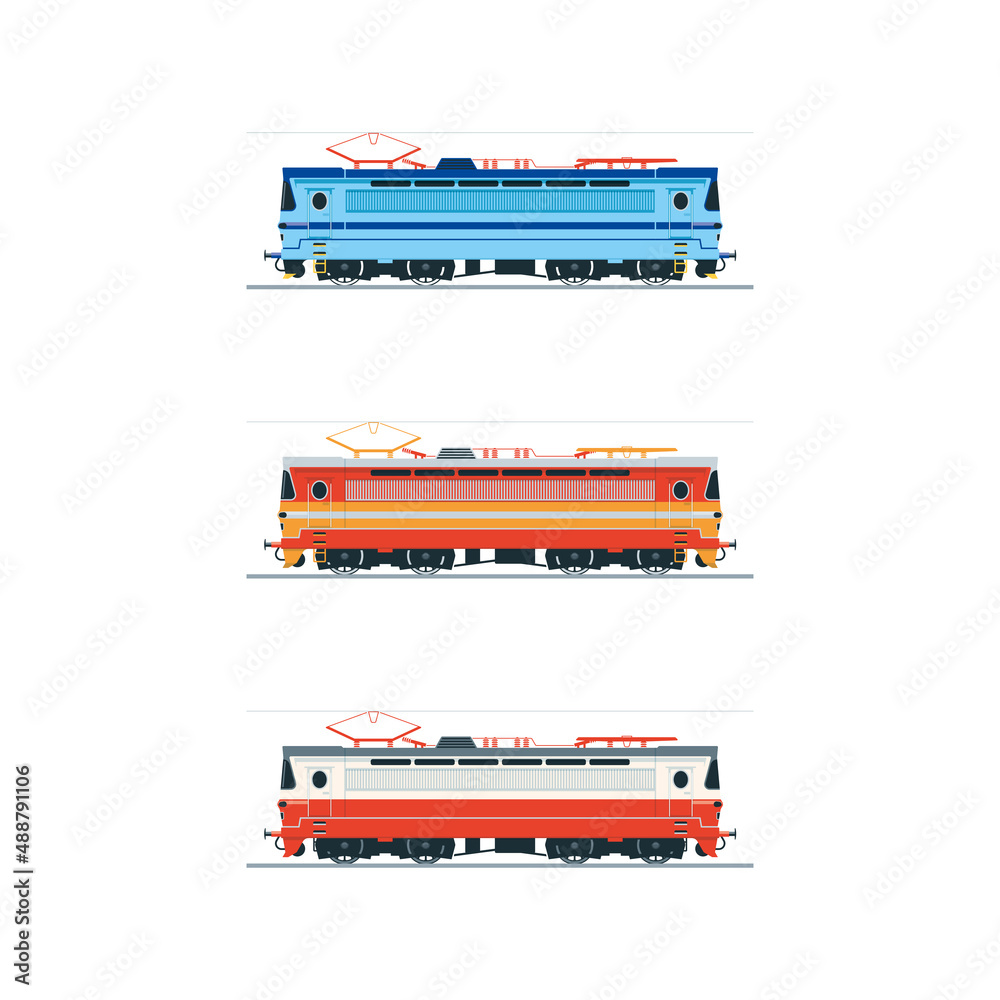 Electric locomotive. Side view. A set of three color illustrations Electric locomotive. Side view. A set of three color illustrations
