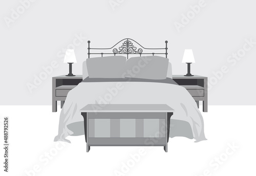Vector illustration of a bed room ensemble in black and white shapes