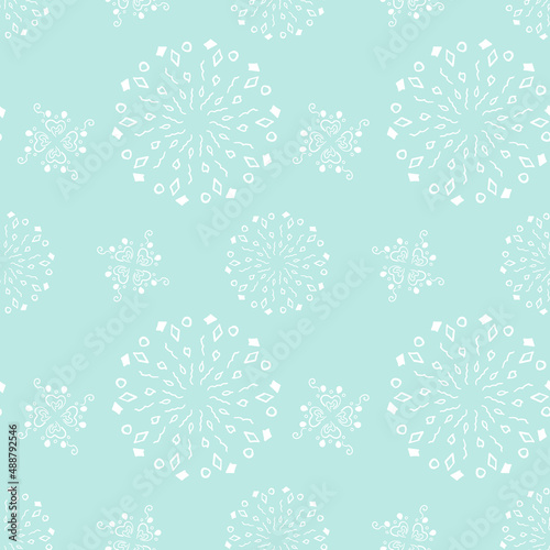 Seamless pattern with white geometric symmetrical floral ornament on pastel mint background. Cute vector design for wallpaper, textile, wrapping paper, packaging, notebook covers, prints, decorations.