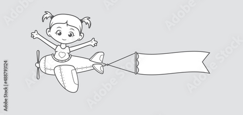 Vector black line cartoon litlle girl flying in retro airplane with blank banner (white ribbon). Gray background.