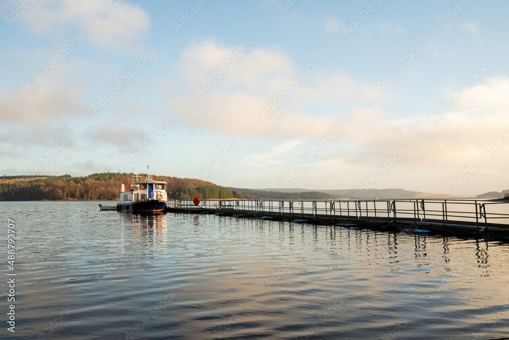 Kielder England: 13th January 2022: Kielder Ferry (The Osprey) docked at pier on a lovely sunny winter morning