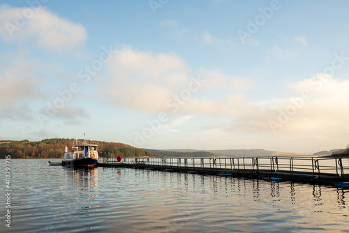 Kielder England: 13th January 2022: Kielder Ferry (The Osprey) docked at pier on a lovely sunny winter morning © GraemeJBaty