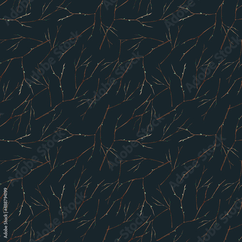 Watercolor hand-painted seamless pattern with spring tree branches on dark background