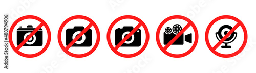 No camera icon set. No photo camera icon in glyph. Restriction photo and video symbol. Forbidden web camera icon. Stock vector illustration