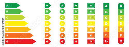 Energy efficiency chart set. Energy efficiency diagram in vector. Power class rating. Energy rating set. Power productivity chart. Stock vector illustration