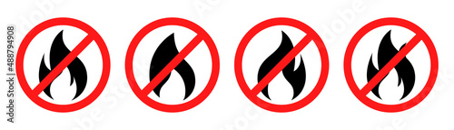 No fire restriction. No fire flame icon in red circle. Fire symbol in black. Red fireball sign. No campfire symbol. Flame vector. Stock vector illustration