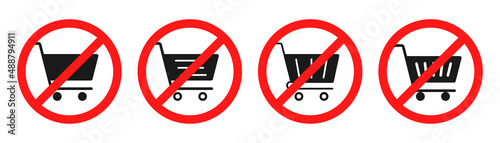 No cart icon. Red circle with shopping cart. Shopping trolley restriction. No cart in circle. Forbidden sign. Stock vector illustration