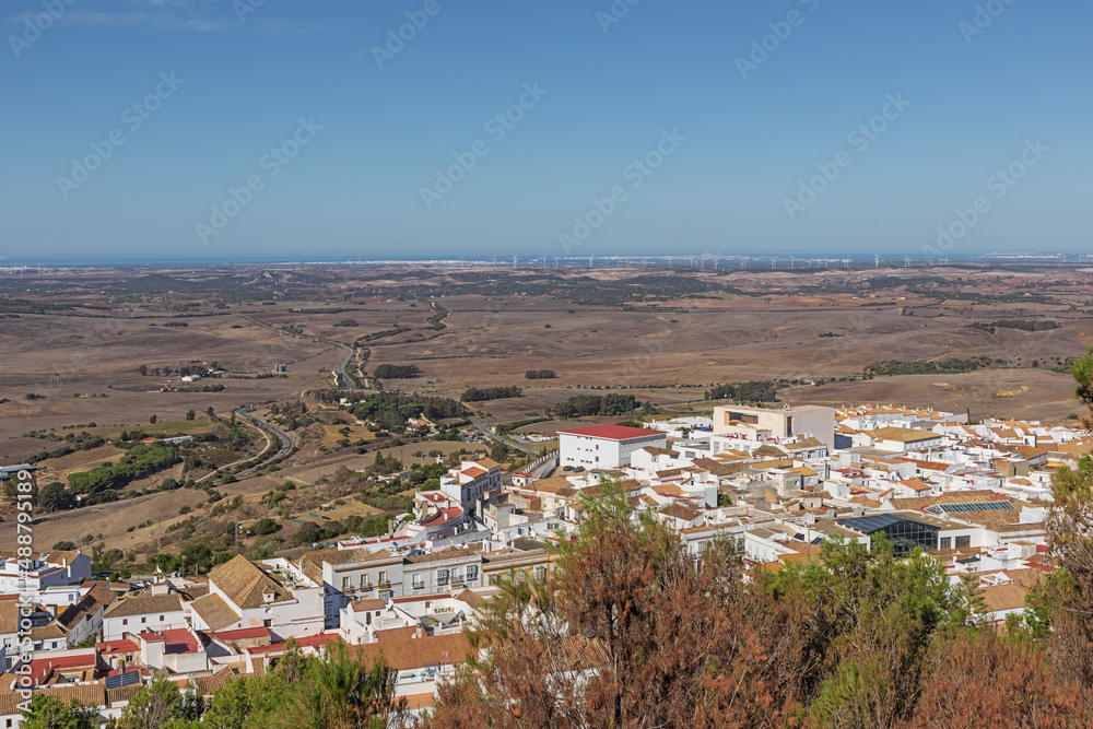 The outskirts of Medina Sidonia with a distant view of the Atlantic coast and Cadiz