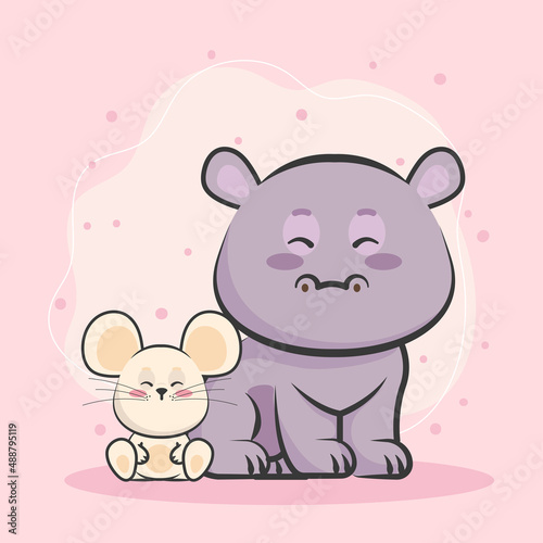 kawaii hippo and mouse