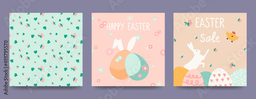 Happy Easter banner. Trendy Easter design with typography, hand drawn strokes and eggs, bunny ears, chick in pastel colors. Floral pattern. Vector