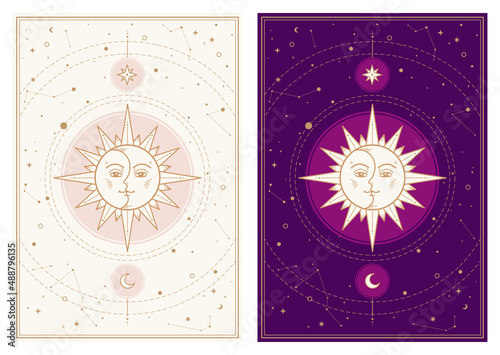 Sun Moon Gold atrology tarot card style vector illustration