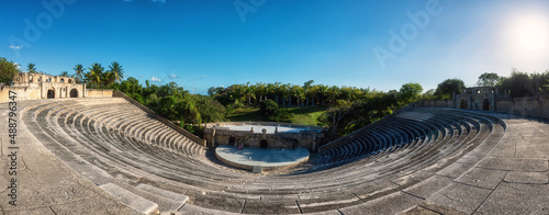 Scenic view of Altos de Chavon amphitheater, a tourist attraction, re-creation of a Mediterranean style village in La Romana near the Chavon river, Dominican Republic, Carribean travel photo