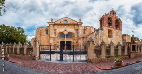 Scenic view of the exterior of the Cathedral de Santa Maria la Menor in Santo Domingo, first and oldest catholic basilica in the Americas, Ciudad Colonial historic district, Dominican Republic photo