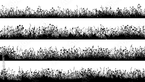 Set of horizontal banners with silhouettes of flowering meadow with short grass and many flowers.