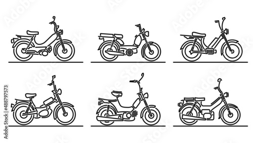 Set of simple flat design vector images of bicycle shape scooters and mopeds drawn in art line style. photo