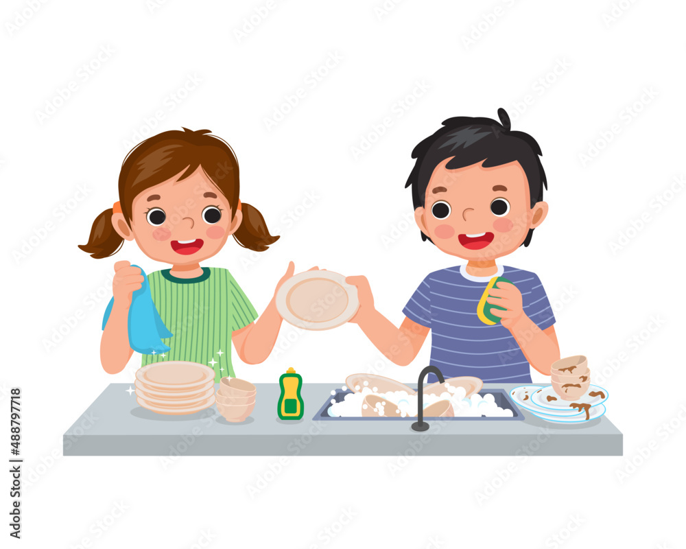 happy cute little boy and girl washing dishes together cleaning and wiping plates at sink in the kitchen doing housework chores happy cute little boy and girl washing dishes together cleaning and wiping plates at sink in the kitchen doing housework chores