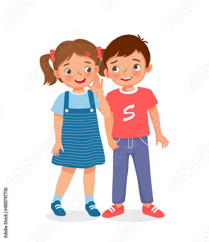 cute little girl whispering gossips to little boy talking and sharing secret to him