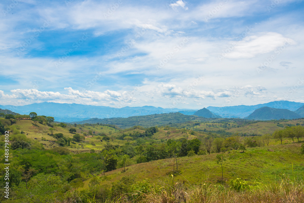 Panoramic landscape with mountains and blue sky. Tamesis, Antioquia, Colombia.