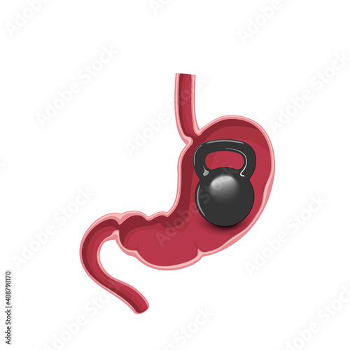 Stomach heaviness with heavy weight dumbbell inside. Digestive system problem. Overeating indigestion and belly disease. Abdominal gastric pain medical vector eps illustration