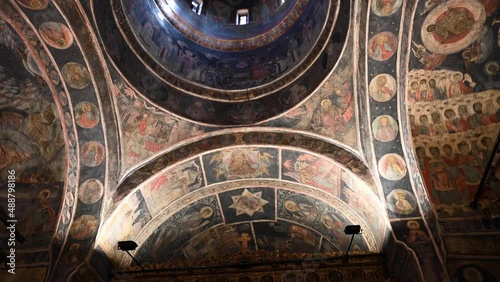 Frescoes inside Stavropoleos Monastery Church in the center of Bucharest, Romania photo