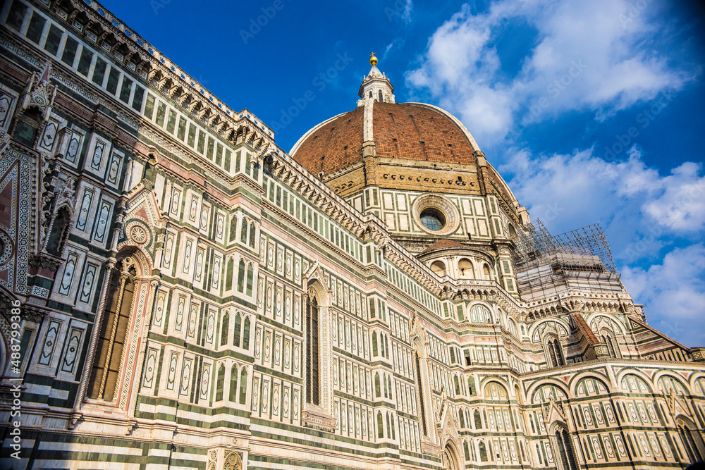 Incredible close view of the walls and facade of Florence Duomo (Cathedral of Santa Maria del Fiore), Tuscany, Italy